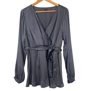 Torrid Babydoll Top 1 1X Gray Crepe Satin Belted Peplum Long Sleeve